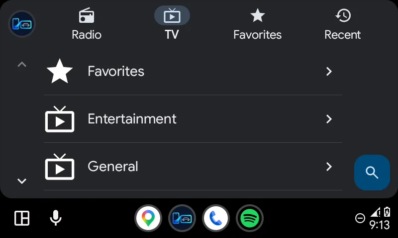 DriveBridge in Android Auto: tabs for Radio, TV, Favorites and Recent, with the TV tab showing a Favorites folder and channel groups.