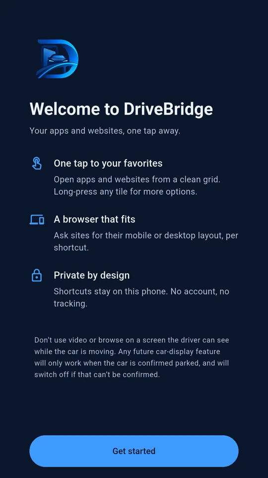 Welcome screen explaining one-tap favorites, the browser and privacy.